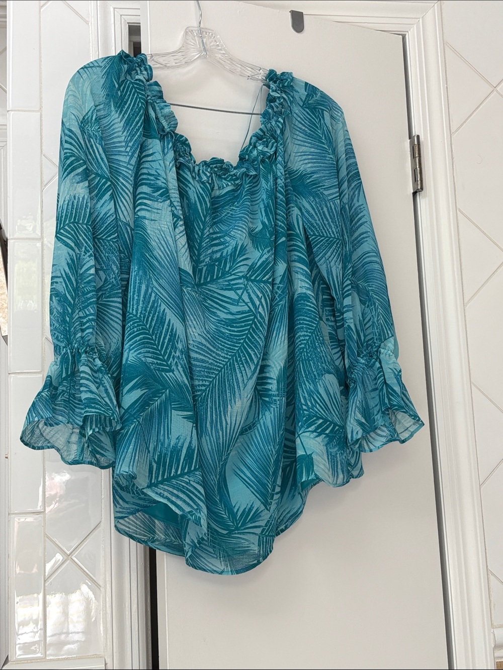 INC International Concepts Teal Palm-Print Peasant Blouse